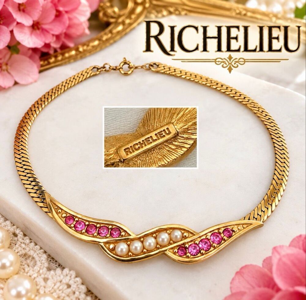 Vintage Richelieu Pink Rhinestone Faux Pearl Gold Tone Necklace